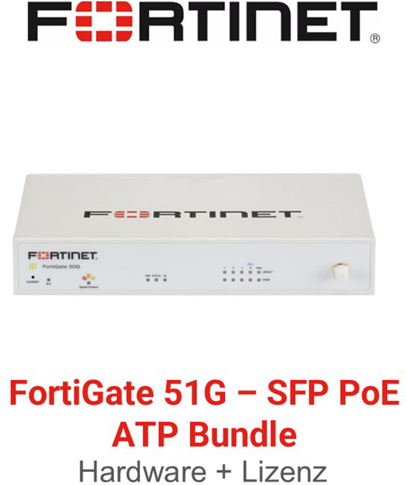 Fortinet FortiGate 51G SFP PoE Firewall Hardware + Advanced Threat Protection (ATP) Lizenz Vorderseite