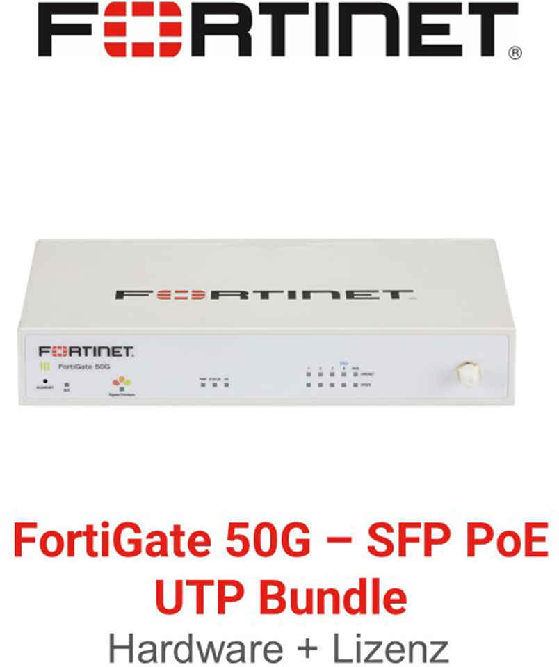 Fortinet FortiGate 50G SFP PoE Firewall Hardware + Unified Threat Protection (UTP) Vorderseite